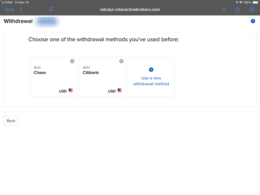 The saved withdraw method on the ipad. 